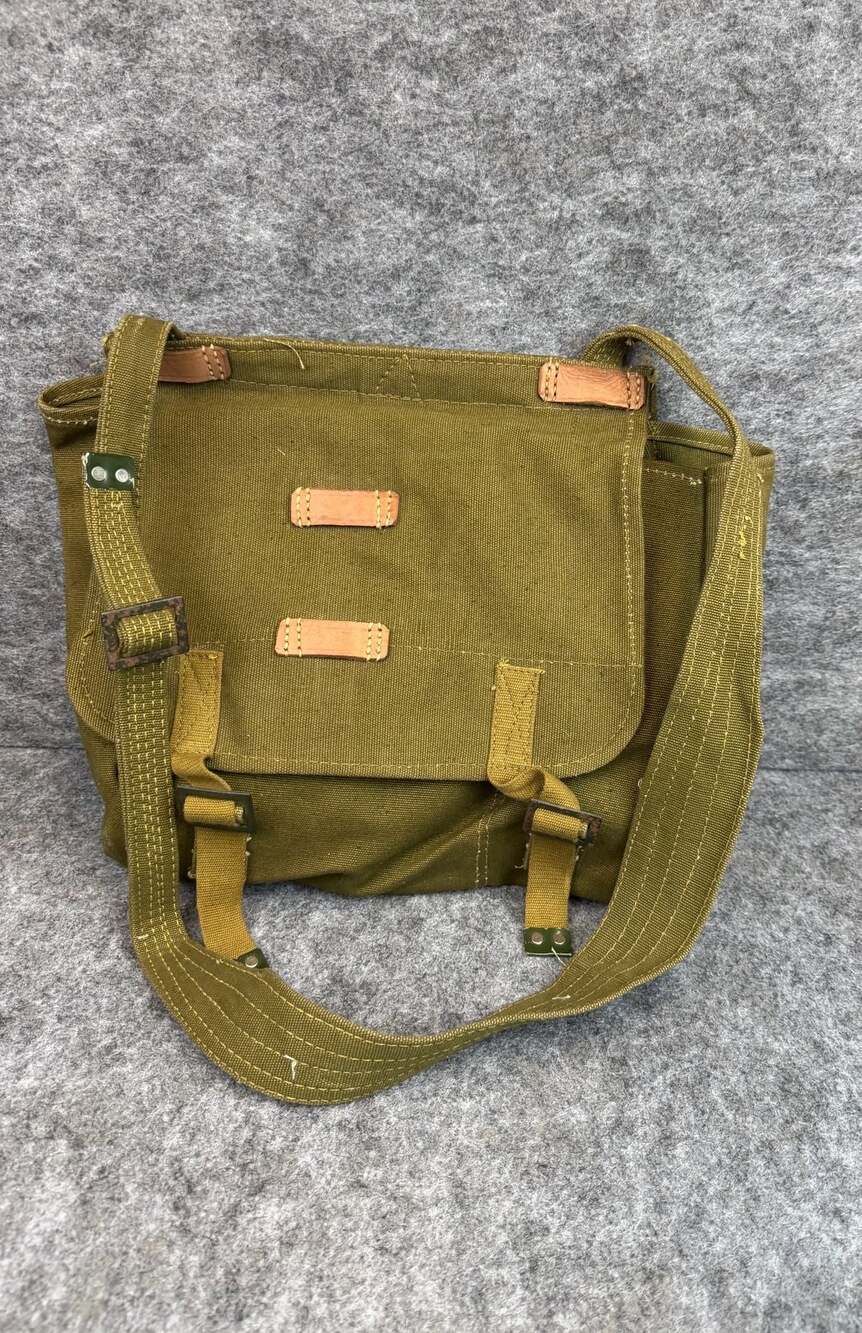Vintage Romanian Military Canvas Bread Bag with Leather Straps